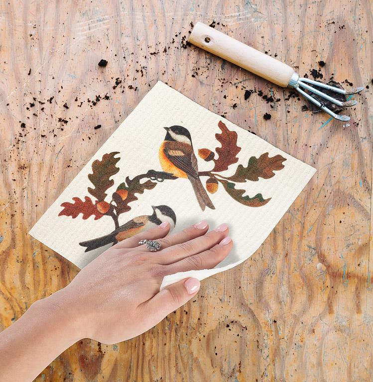 Swedish Dishcloth Chickadees + Oak Leaves