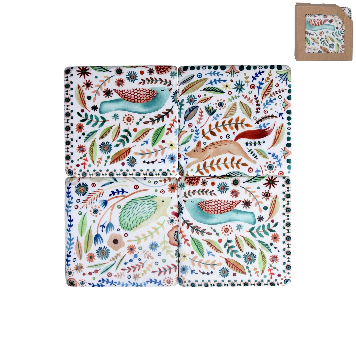 Folk Woodland Animals Set of 4 Coasters