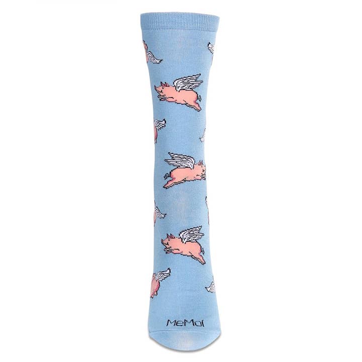 Women's Bamboo Crew Socks Light Blue Flying Pigs