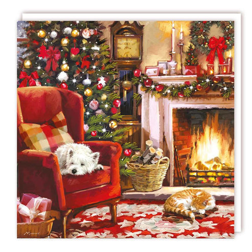 Furry Friends By The Fireplace Christmas Boxed Card