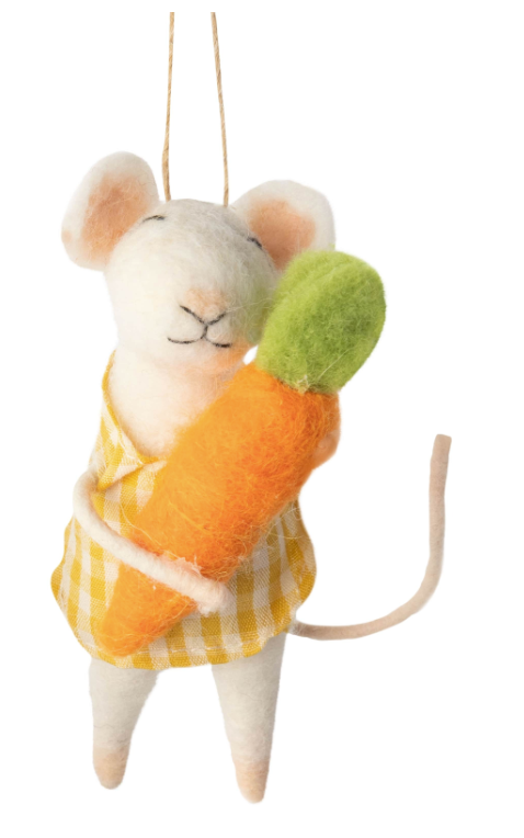 F77 - White Felt Mouse Ornament In Check Dress And Carrot Trim