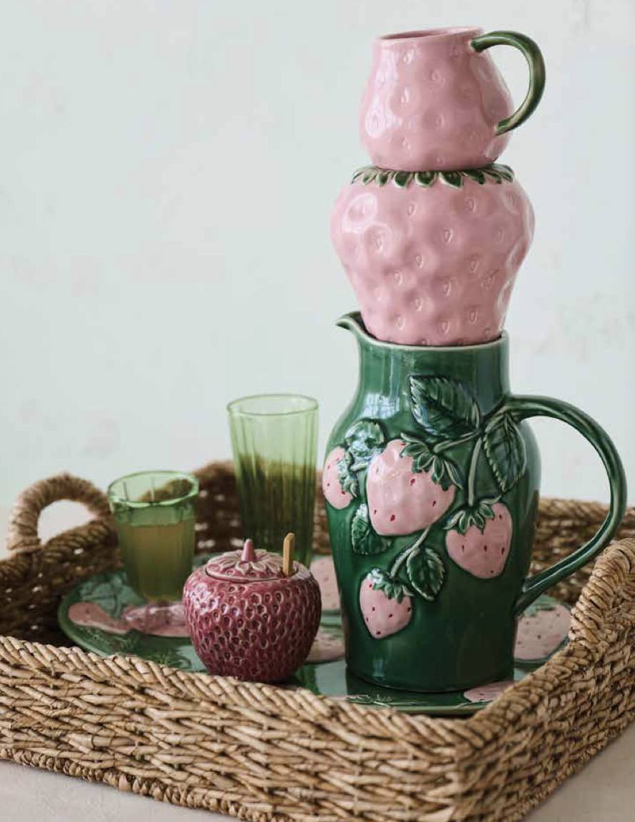 Strawberry Shaped Stoneware Jar with Lid & Bamboo Spoon – 6oz