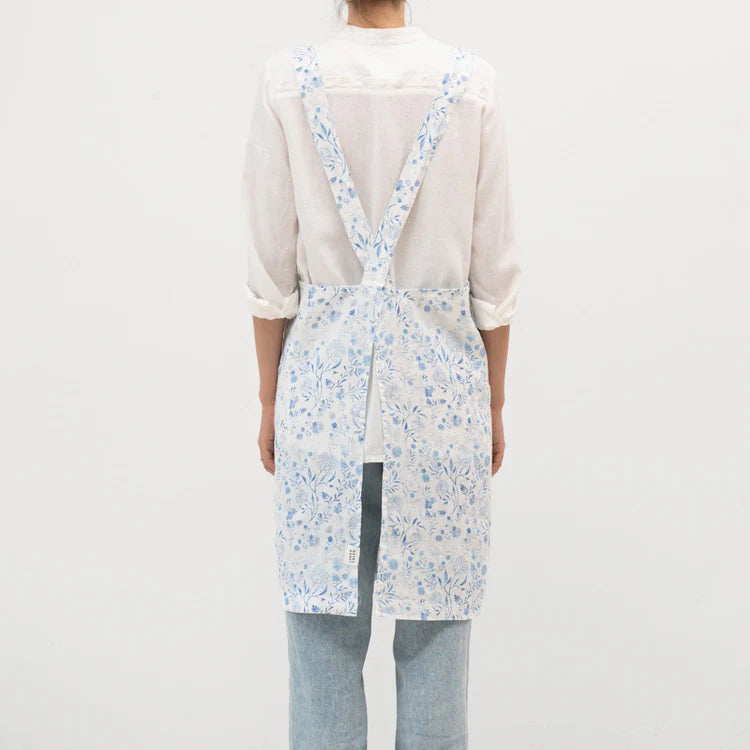 White Botanical Blue Linen Crossback Apron