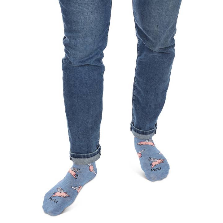 Men's Bamboo Crew Socks Denim Heather Flying Pigs