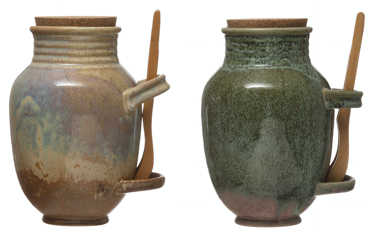 Vintage Reproduction Olive Jar w/ Cork Lid & Wood Tongs Reactive Glaze Sage