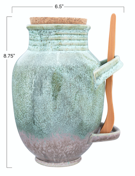 Vintage Reproduction Olive Jar w/ Cork Lid & Wood Tongs Reactive Glaze Sage