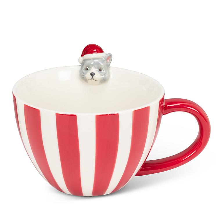 Holiday Striped Mug with Cat Figurine
