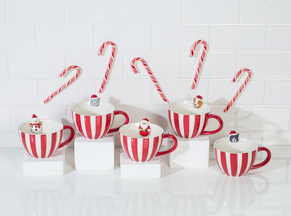 Holiday Striped Mug with Cat Figurine