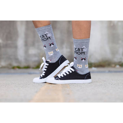 Women's Bamboo Crew Socks Med Gray Heather Cat Mom