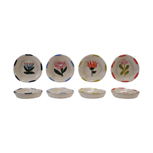 3-1/4" Hand-Painted Stoneware Dish – Organic Shape with Flower Design