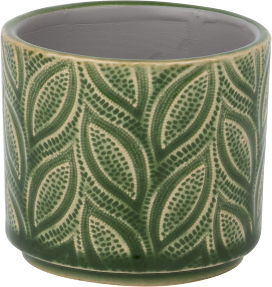 Leaf Pattern Ceramic Pot Cover Dark Green 3"