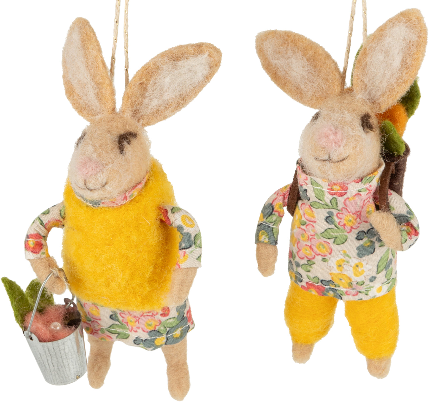 Felt Bunny Ornament, Yellow Vest Holding Silver Bucket And Yellow Pants With Backpack