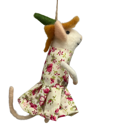 Felt Mouse Ornament In Spring Floral Print Dress And Floral Hat