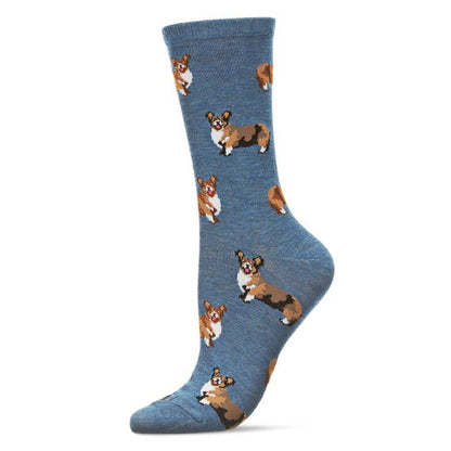 Women's Bamboo Crew Socks Med Denim Heather Corgis