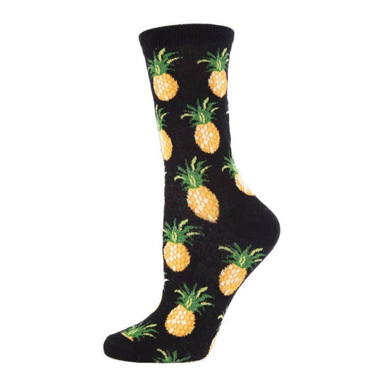 Women's Bamboo Crew Socks Black Pineapples
