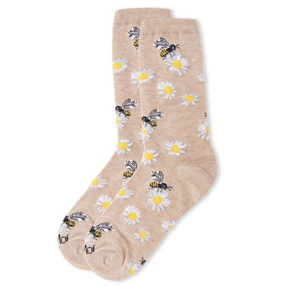 Women's Bamboo Crew Socks Oatmeal Heather Daisy Bees