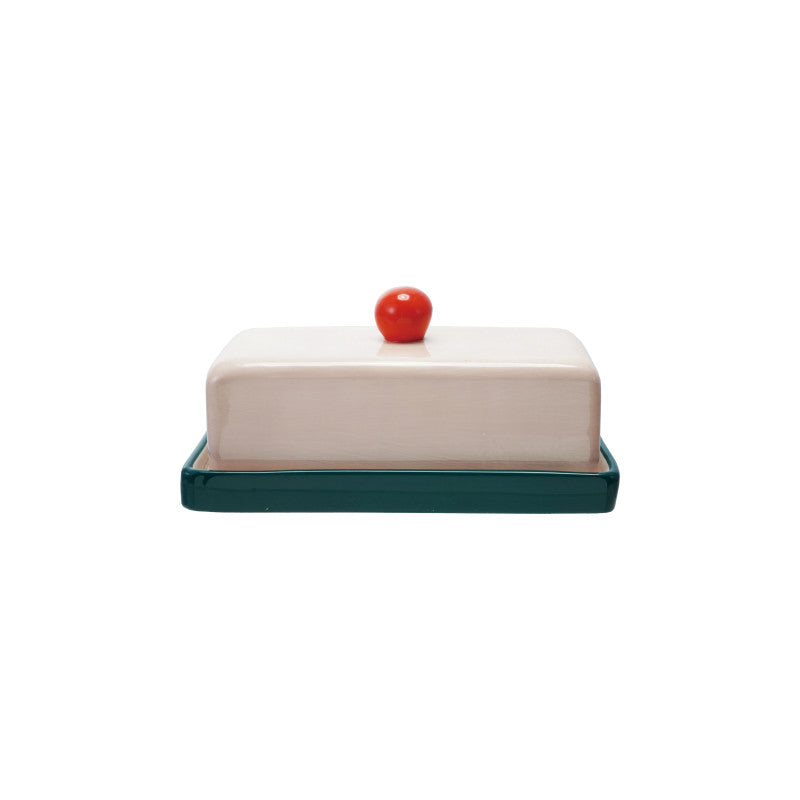 Pink + Green Stoneware Butter Dish With Red Knob