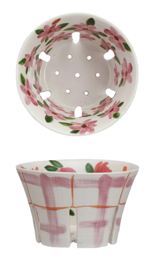Hand-Painted Stoneware Berry Bowl w/ Plaid + Floral
