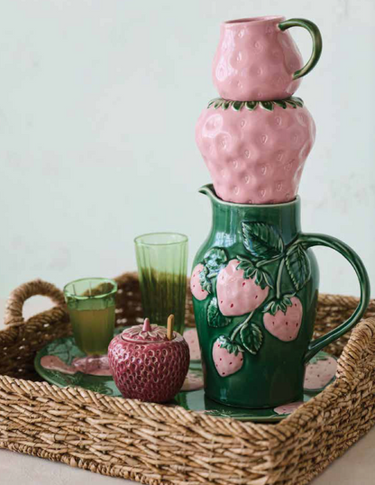 Strawberry Shaped Stoneware Jar with Lid &  Bamboo Spoon – 6oz