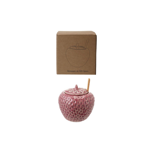 Strawberry Shaped Stoneware Jar with Lid &  Bamboo Spoon – 6oz