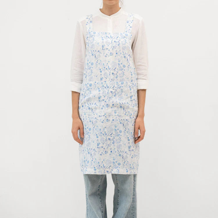 White Botanical Blue Linen Crossback Apron