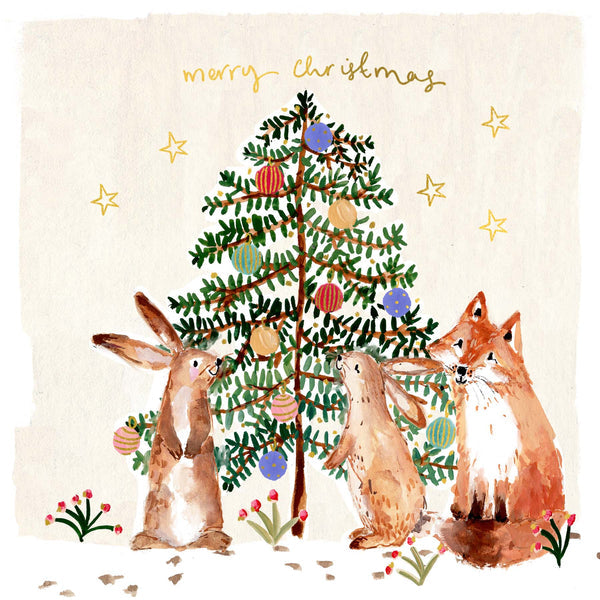 Bunnies And Fox Christmas Tree Card