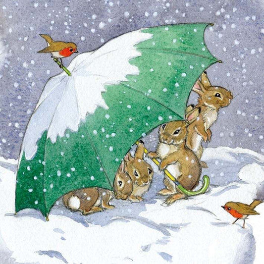 Rabbits Sheltering Under Umbrella Boxed Holiday Cards