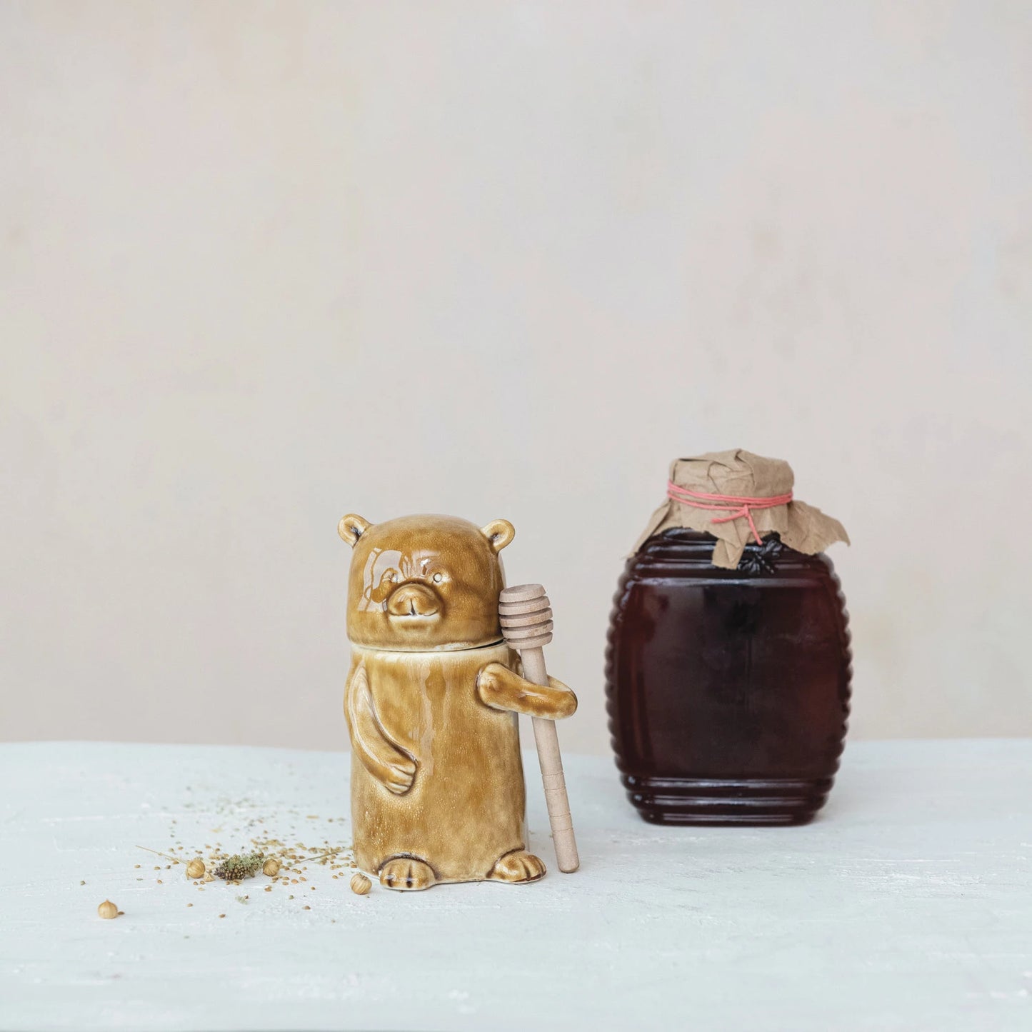 Honey Bear Shaped Jar w/ Wood Honey Dipper