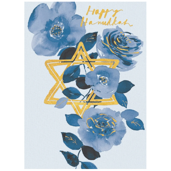 Happy Hanukkah Blue Flowers Star Card