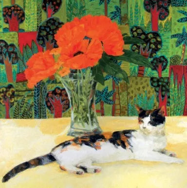 Tortoiseshell Cat And Poppies Card