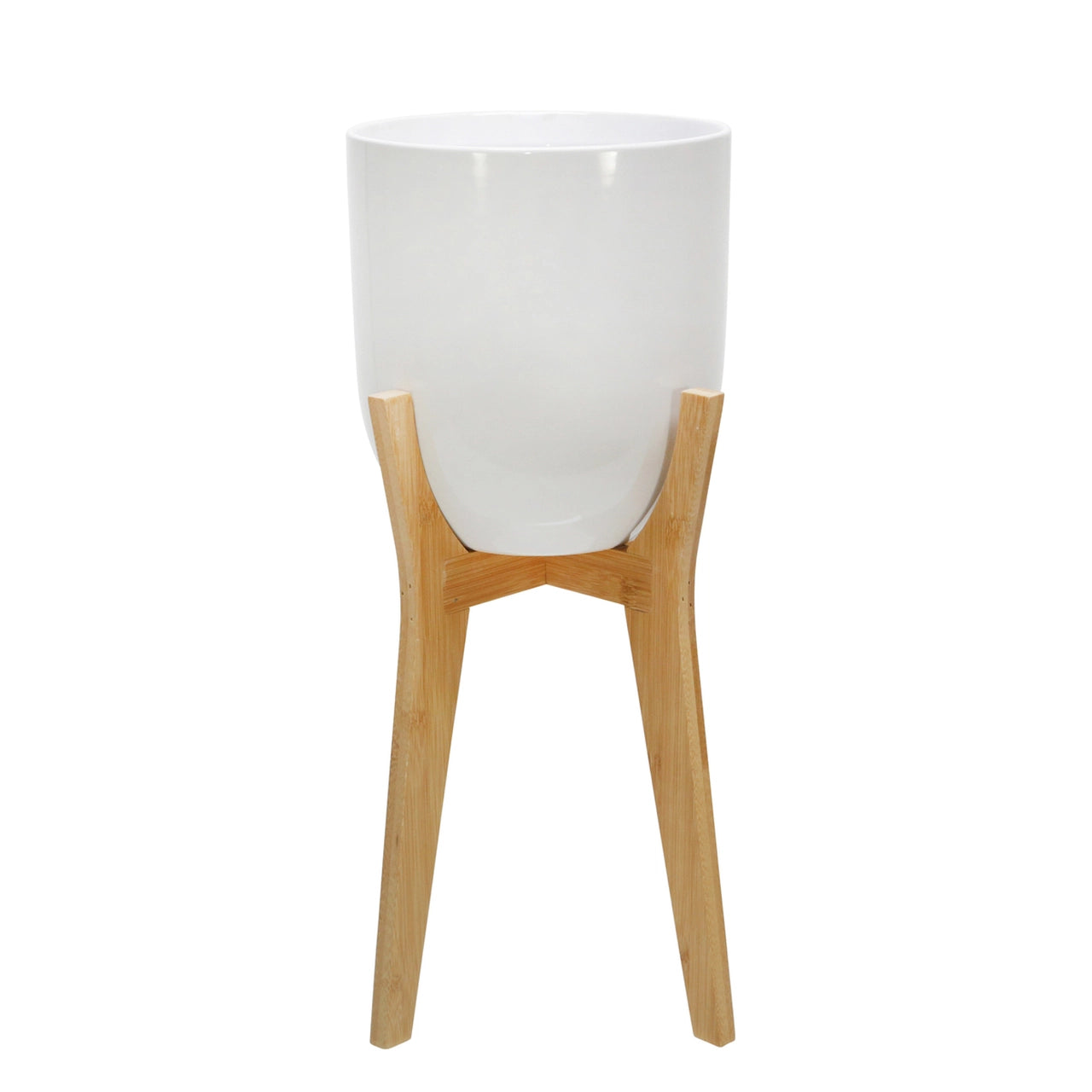 White Planter With Wooden Stand