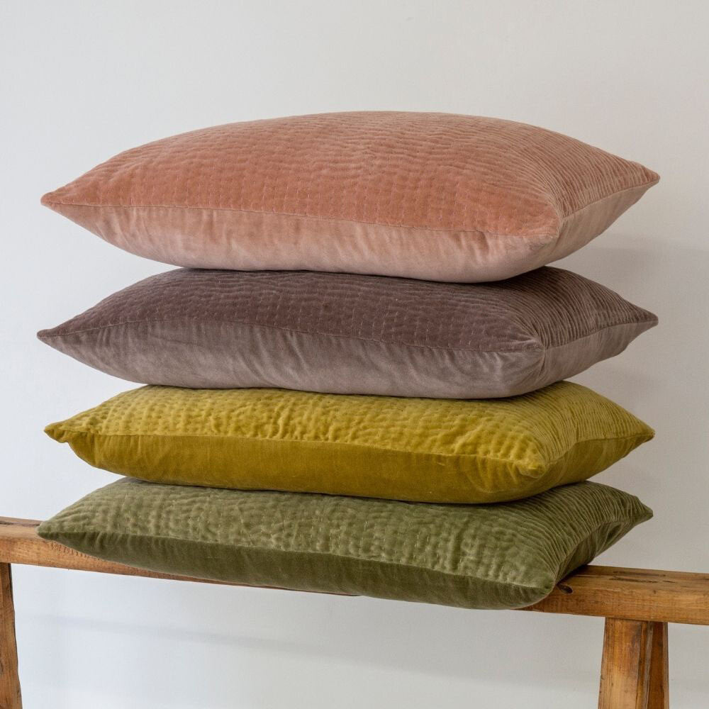 Velvet Kantha-Stitch Pillow Cushion Taupe