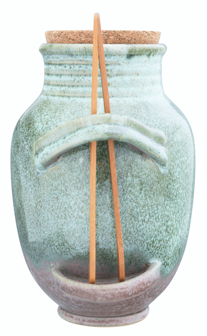 Vintage Reproduction Olive Jar w/ Cork Lid & Wood Tongs Reactive Glaze Sage